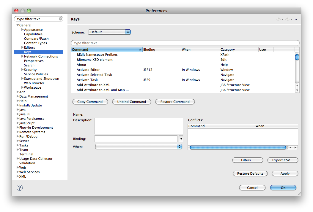 Eclipse Key Bindings Preference page