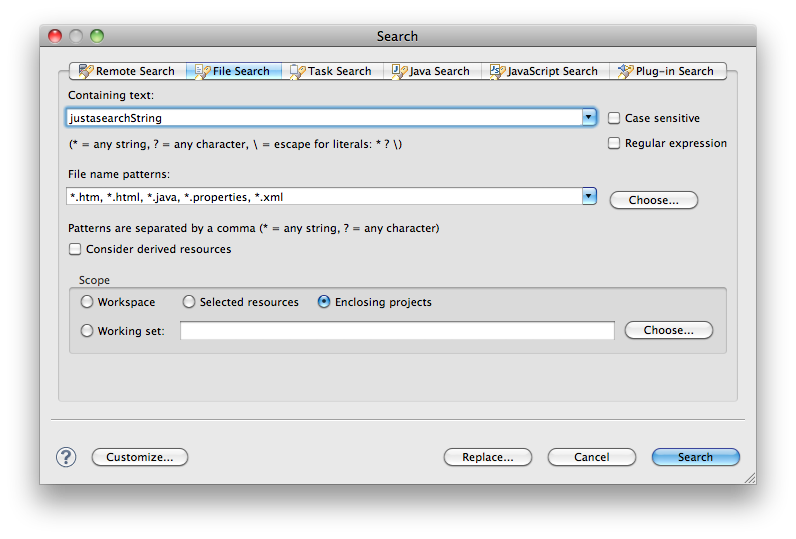 Eclipse File Search Window