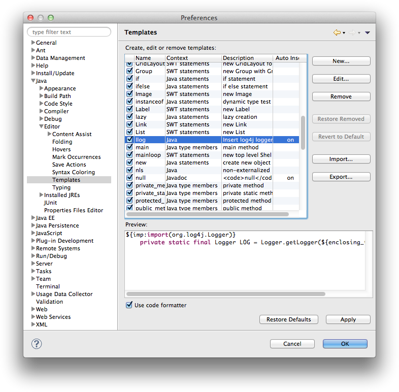 Templates configuration in Eclipse